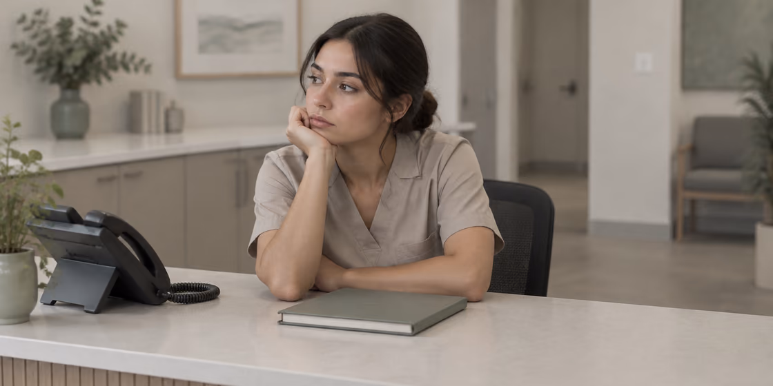 A clinic receptionist waits at an empty front desk, the phone silent.