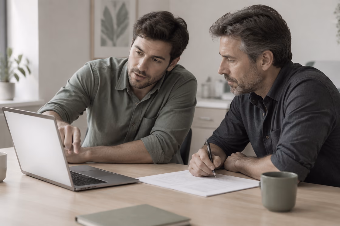 Two people work through a plan together at a laptop.